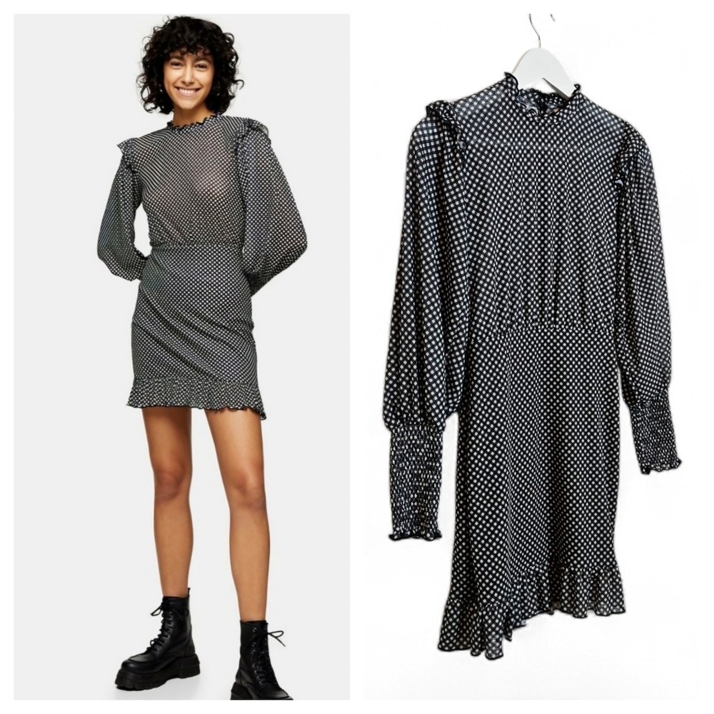 Topshop Polka Dot Shirred Mini Dress Size 2 Puff Sleeve Ruffle High Neck